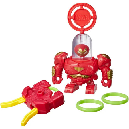 Rote und goldene Hulkbuster-Figur mit Werfer, zwei grünen Ringen und Marvel-Logo oben. Rote und goldene Hulkbuster-Figur mit Werfer, zwei grünen Ringen und Marvel-Logo oben.