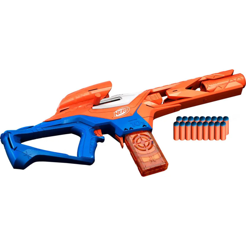 Blauer und orangefarbener Nerf-Blaster mit blauen Schaumstoffpfeilen daneben.