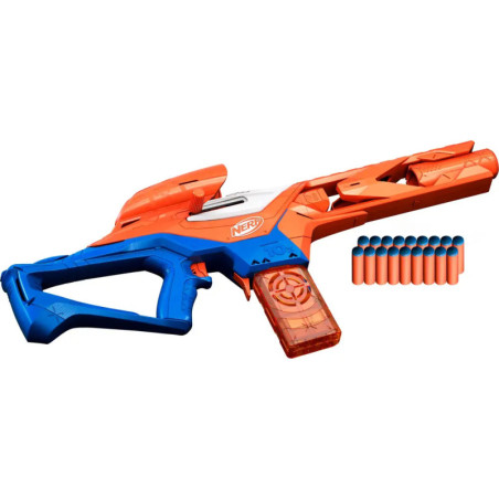 Blauer und orangefarbener Nerf-Blaster mit blauen Schaumstoffpfeilen daneben.