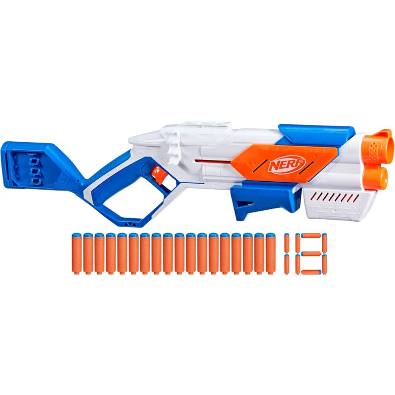 Ein blau-weiß-oranger Nerf-Blaster mit 18 davor liegenden Schaumstoffpfeilen.
