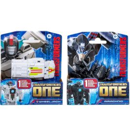 Verpackte Transformers One Figuren: Wheeljack (links) und Airachnid (rechts) vor buntem Hintergrund.