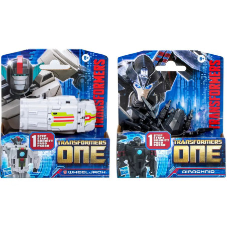 Verpackte Transformers One Figuren: Wheeljack (links) und Airachnid (rechts) vor buntem Hintergrund. Verpackte Transformers One Figuren: Wheeljack (links) und Airachnid (rechts) vor buntem Hintergrund.