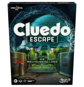Cluedo Escape Brettspielbox mit futuristischer Glaskuppel und dem Untertitel Die Weltausstellung.
