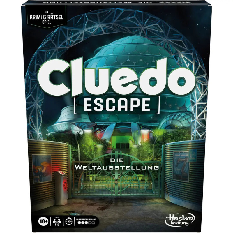 Cluedo Escape Brettspielbox mit futuristischer Glaskuppel und dem Untertitel Die Weltausstellung.
