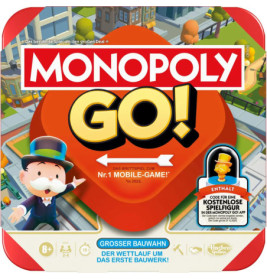 Monopoly Go!-Box mit Mr. Monopoly, bunten Spielfiguren und deutschsprachigem Werbetext.
