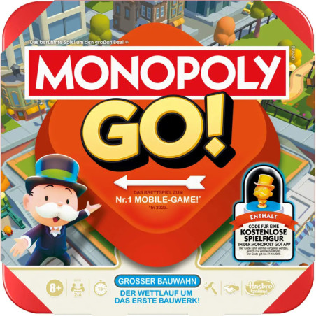 Monopoly Go!-Box mit Mr. Monopoly, bunten Spielfiguren und deutschsprachigem Werbetext.