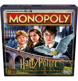 Monopoly-Spiel mit Harry-Potter-Figuren und Hogwarts im Hintergrund, Verpackung mit deutscher Beschriftung.