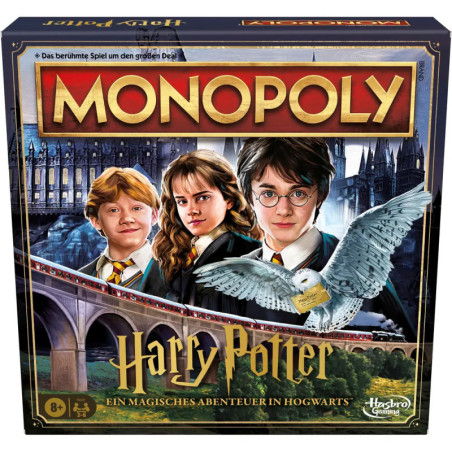 Monopoly-Spiel mit Harry-Potter-Figuren und Hogwarts im Hintergrund, Verpackung mit deutscher Beschriftung.