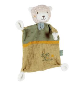 Kuscheldecke mit Plüschbär, Der kleine Prinz-Schriftzug, grüner und gelber Stoff, weiße Pfoten.