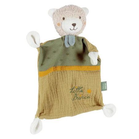 Kuscheldecke mit Plüschbär, Der kleine Prinz-Schriftzug, grüner und gelber Stoff, weiße Pfoten.