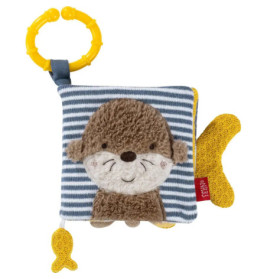 Plüsch-Babybuch mit Ottergesicht, gelbem Beißring und blau-weiß gestreiftem Stoffeinband.