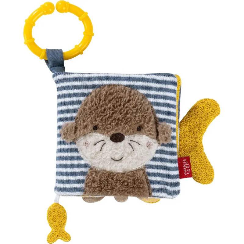 Plüsch-Babybuch mit Ottergesicht, gelbem Beißring und blau-weiß gestreiftem Stoffeinband.