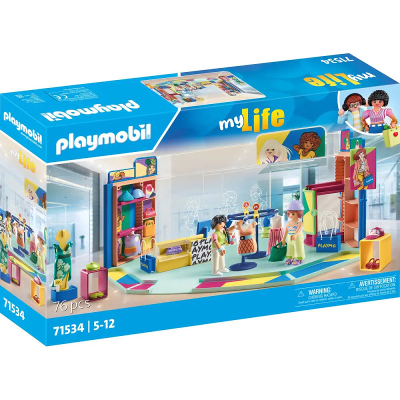 Playmobil myLife Set: Schachtel mit Spielzeug-Bekleidungsgeschäft, Figuren und Zubehör, sachlich dargestellt.