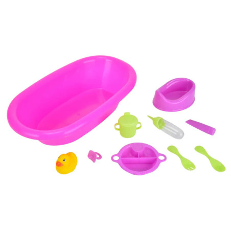 Pinker Spielzeug-Badewannensatz mit Zubehör wie gelber Ente, Utensilien, Babyflasche, Töpfchen und Fütterartikeln.