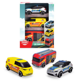 Spielzeug-Set mit Polizeiauto, Feuerwehrauto und Rettungswagen, abgebildet in und außerhalb der Verpackung.