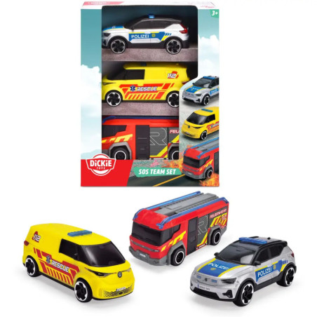 Spielzeug-Set mit Polizeiauto, Feuerwehrauto und Rettungswagen, abgebildet in und außerhalb der Verpackung.