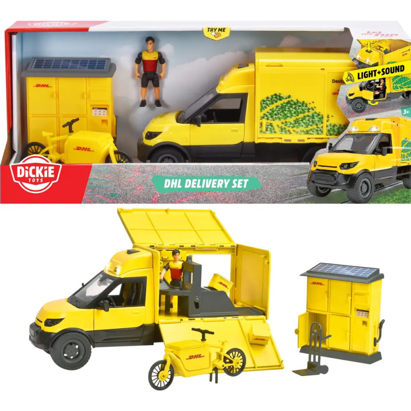 DHL Spielset mit Lieferwagen, Fahrrad, Figur und Paketstation in gelber Verpackung. DHL Spielset mit Lieferwagen, Fahrrad, Figur und Paketstation in gelber Verpackung.