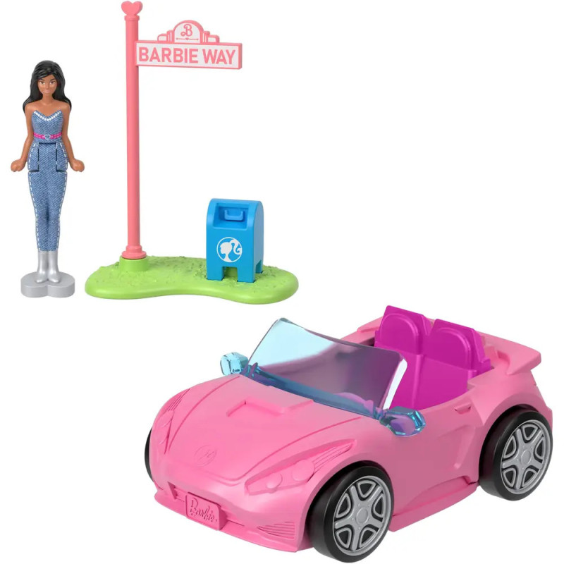 Barbie-Puppe, pinkes Cabrio, blauer Briefkasten und Straßenschild Barbie Way auf grünem Sockel.