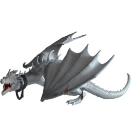 Ein weißer Drache mit großen Flügeln, roten Augen und schwarzer Halskette fliegt in der Luft.