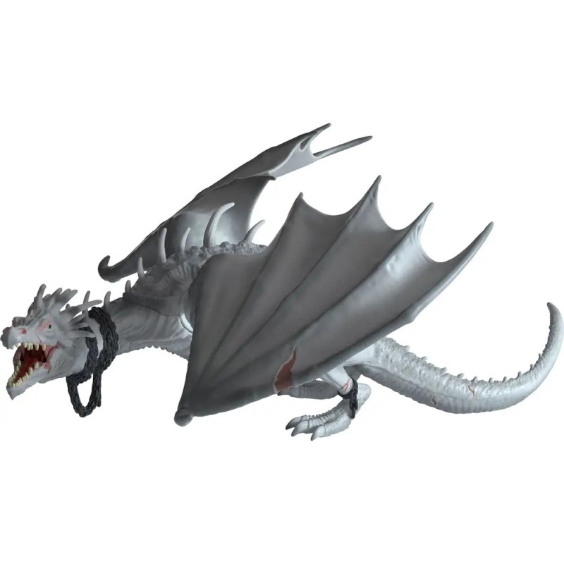 Ein weißer Drache mit großen Flügeln, roten Augen und schwarzer Halskette fliegt in der Luft.