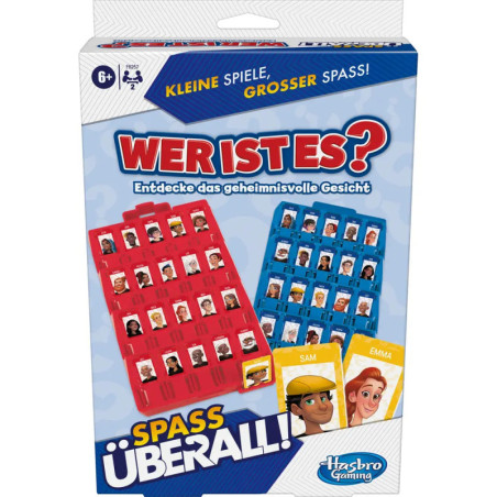 Schachtel der deutschen Version von Wer ist es? mit zwei Spielbrettern und Comic-Gesichtern von Sam und Emma.