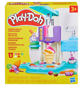 Play-Doh Rainbow Swirl Ice Cream-Set ab 3 Jahren, Box mit Spielzeug und bunten Knetkreationen abgebildet.