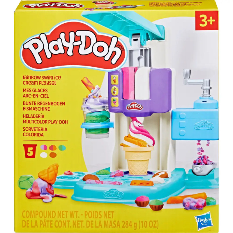 Play-Doh Rainbow Swirl Ice Cream-Set ab 3 Jahren, Box mit Spielzeug und bunten Knetkreationen abgebildet. Play-Doh Rainbow Swirl Ice Cream-Set ab 3 Jahren, Box mit Spielzeug und bunten Knetkreationen abgebildet.