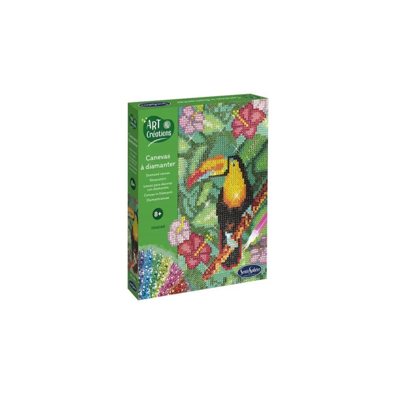 Diamond Painting Set mit Tukan und bunten Blumen, geeignet für Kinder ab 8 Jahren.