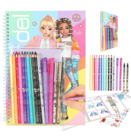 Spiral-Malkasten mit Buntstiften, Gelschreibern und Malblock, dessen Cover Modepuppen zeigt.