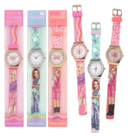 Vier bunte Kinderuhren mit Mädchenmotiven und Mustern auf Armbändern und Verpackung.