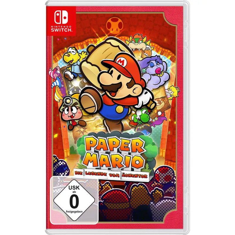 Paper Mario-Cover mit Mario und bunten Figuren für Nintendo Switch, deutscher Titel ist zu sehen.