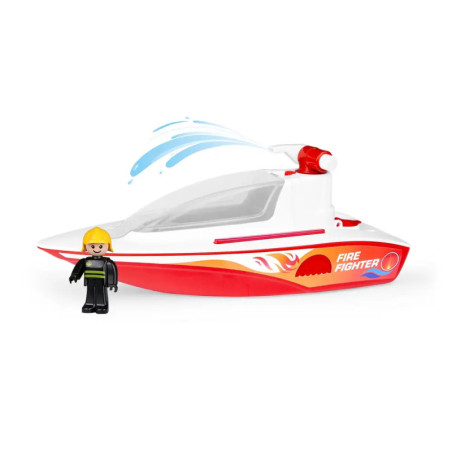 Spielzeug-Feuerwehrboot mit Wasserspritze, daneben eine Feuerwehr-Figur.