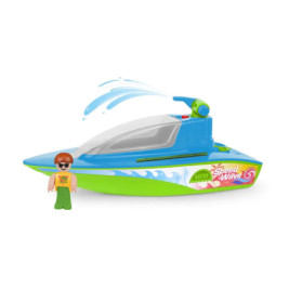 Spielzeug-Schnellboot in Blau und Grün mit Sprühfunktion, daneben steht eine kleine Spielfigur.