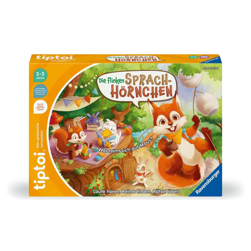 Bunte Spieleschachtel mit Comics von Eichhörnchen und Bäumen, Titel: Die flinken Sprach-Hörnchen, Ravensburger. Bunte Spieleschachtel mit Comics von Eichhörnchen und Bäumen, Titel: Die flinken Sprach-Hörnchen, Ravensburger.