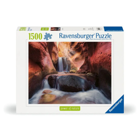 Schachtel eines 1500-teiligen Ravensburger Puzzles mit Canyon-Wasserfall und dem Schriftzug Power of Nature.
