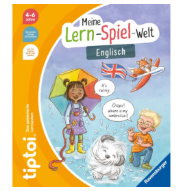 Deutsches Kinderbuch: Kinder und Hund sprechen Englisch, mit Regen, Schirm und britischer Flagge auf dem Cover.