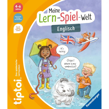 Deutsches Kinderbuch: Kinder und Hund sprechen Englisch, mit Regen, Schirm und britischer Flagge auf dem Cover.