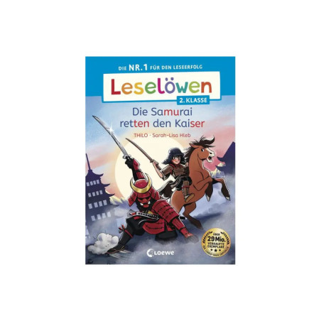 Buchcover: Leselöwen 2. Klasse - Die Samurai retten den Kaiser mit Samurai, Pferd und Sonnenuntergang im Hintergrund.