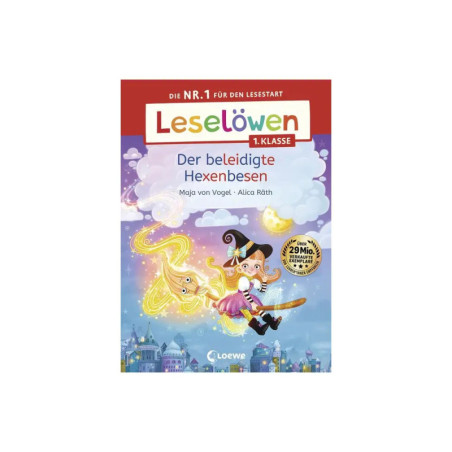 Buntes Buchcover: Junge Hexe fliegt mit Katze auf Besen, Titel auf Deutsch.