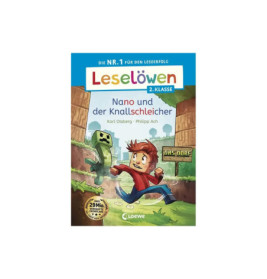 Kinderbuchcover: Nano und der Knallschleicher zeigt einen Jungen, der vor einem grünen, pixeligen Wesen wegläuft.