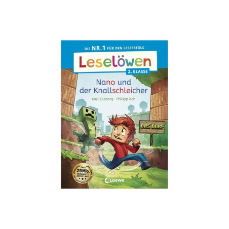 Kinderbuchcover: Nano und der Knallschleicher zeigt einen Jungen, der vor einem grünen, pixeligen Wesen wegläuft.