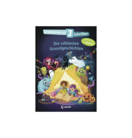 Kinder lesen, umgeben von freundlichen Monstern, Geistern und Kürbissen deutsches Gruselgeschichten-Buchcover.