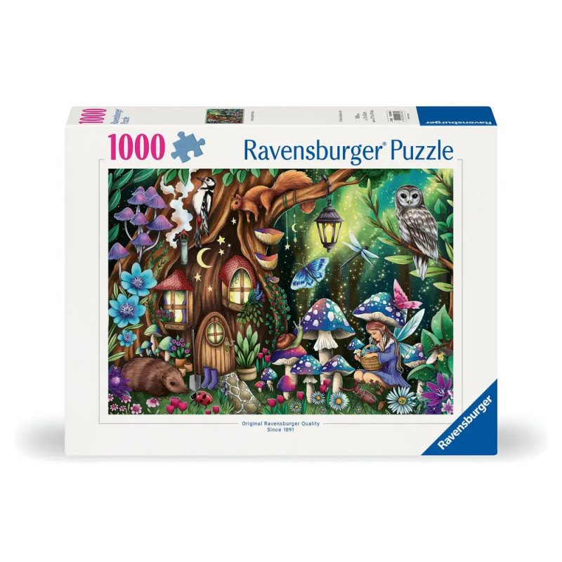 Ravensburger 1000-Teile-Puzzle mit märchenhaftem Feenhaus, Tieren und Pilzen auf der Schachtel.
