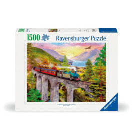 Ravensburger Puzzle, 1500 Teile: Ein Zug überquert eine Brücke über einen Fluss, dahinter Berge.