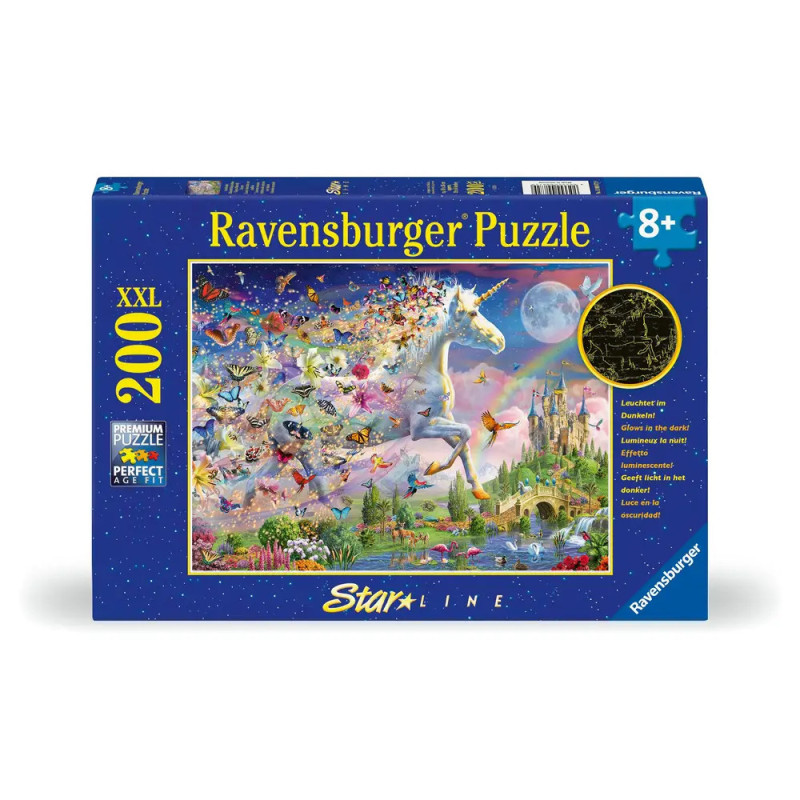 Ravensburger Puzzlebox, 200 Teile, mit Fantasieszene: Einhorn und Schmetterlinge. Ravensburger Puzzlebox, 200 Teile, mit Fantasieszene: Einhorn und Schmetterlinge.