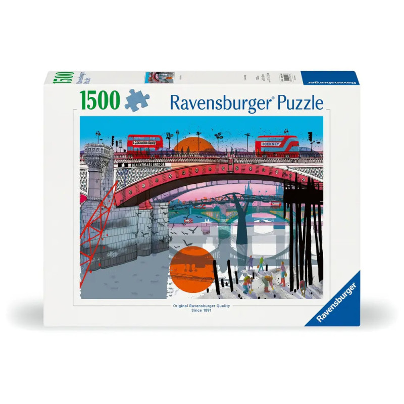 1500-Teile Ravensburger Puzzle mit farbenfroher Brücke über einen Fluss auf dem Schachtelbild. 1500-Teile Ravensburger Puzzle mit farbenfroher Brücke über einen Fluss auf dem Schachtelbild.