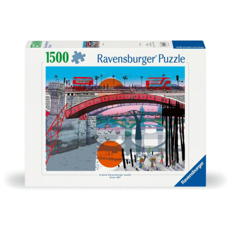 1500-Teile Ravensburger Puzzle mit farbenfroher Brücke über einen Fluss auf dem Schachtelbild.