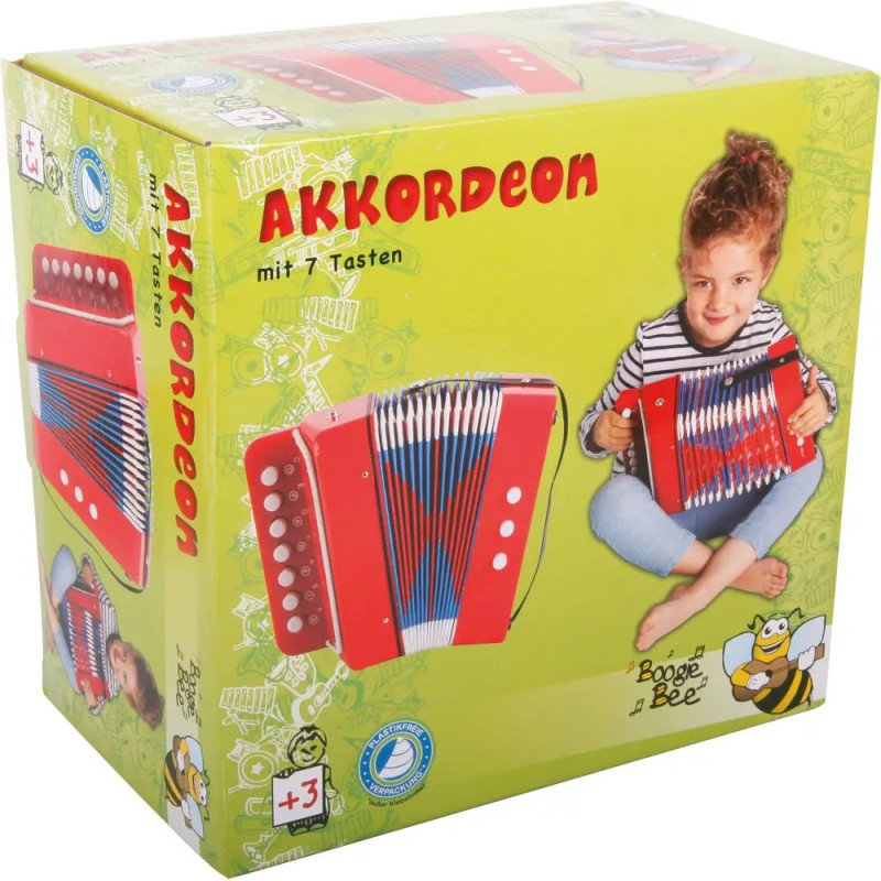 Box mit Foto eines Kindes mit rotem Akkordeon, Beschriftung: Akkordeon mit 7 Tasten und Boogie Bee. Box mit Foto eines Kindes mit rotem Akkordeon, Beschriftung: Akkordeon mit 7 Tasten und Boogie Bee.