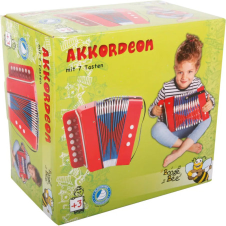 Box mit Foto eines Kindes mit rotem Akkordeon, Beschriftung: Akkordeon mit 7 Tasten und Boogie Bee.
