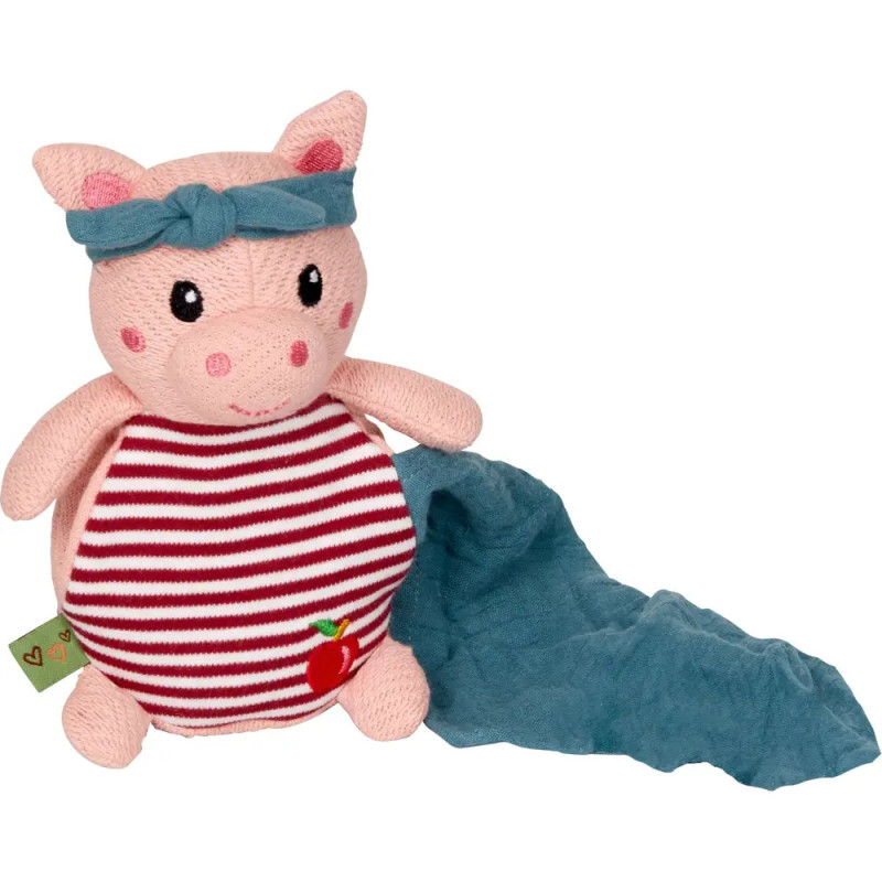 Plüsch-Schwein mit blauem Stirnband, rot gestreiftem Bauch und angenähter blauer Decke.